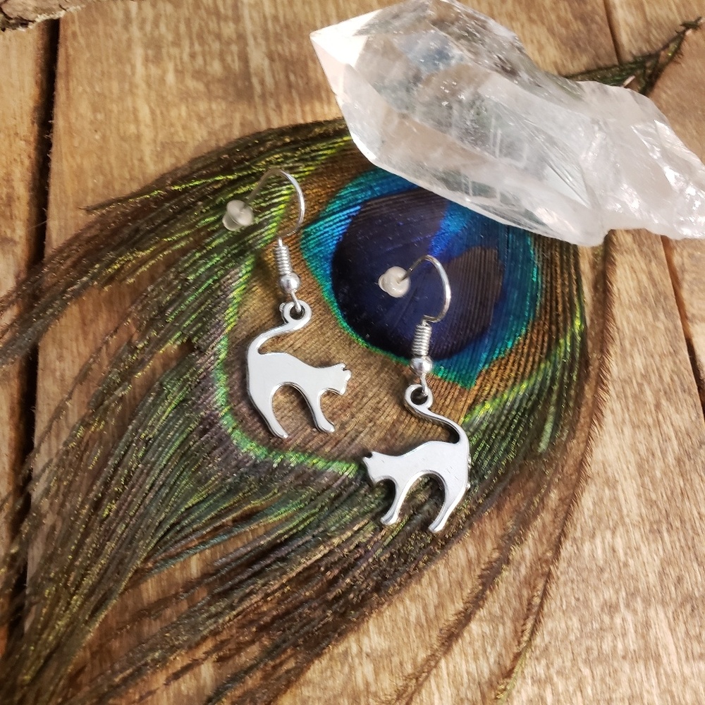 Cat earrings Spooky Kitty Silver Halloween earrings Wiccan Witch Samhain Jewelry - Picture 9 of 11